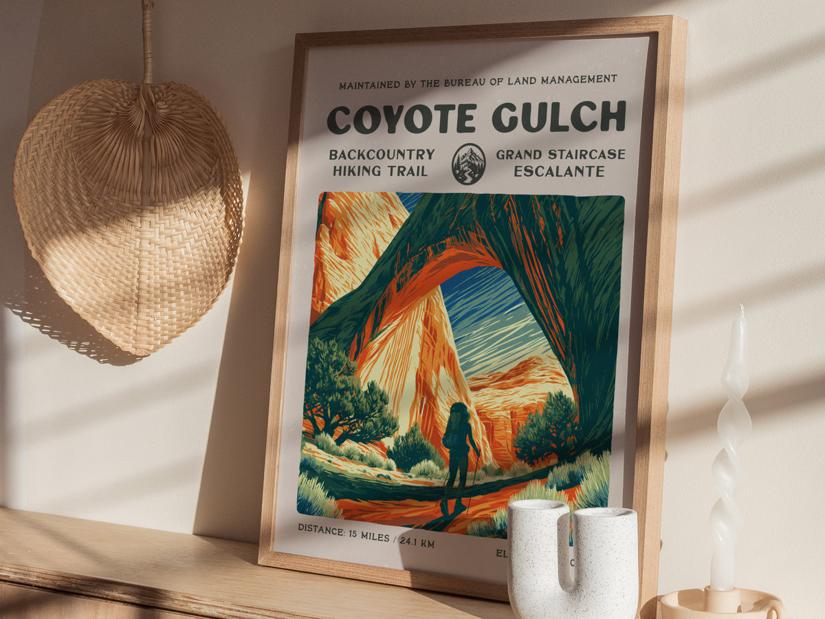Coyote Gulch, Grand Staircase-Escalante Poster | Hiker Gift | Backcountry Trail Wall Art — styled in a modern interior