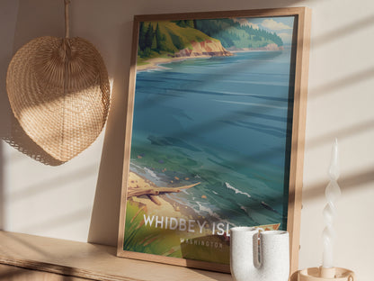 Whidbey Island, Washington Poster | Evergreen Shores & Sailboat Wall Art — styled in a modern interior