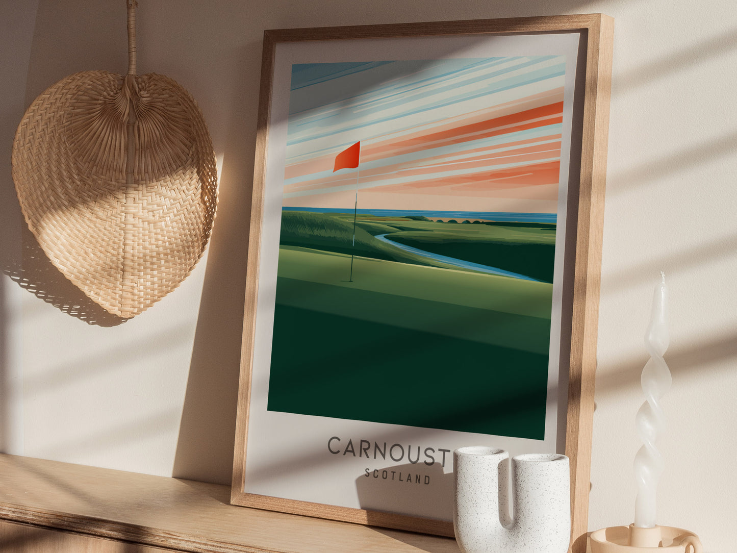 Carnoustie Matte Border Poster | Scotland Links Poster Golf Wall Art — styled in a modern interior