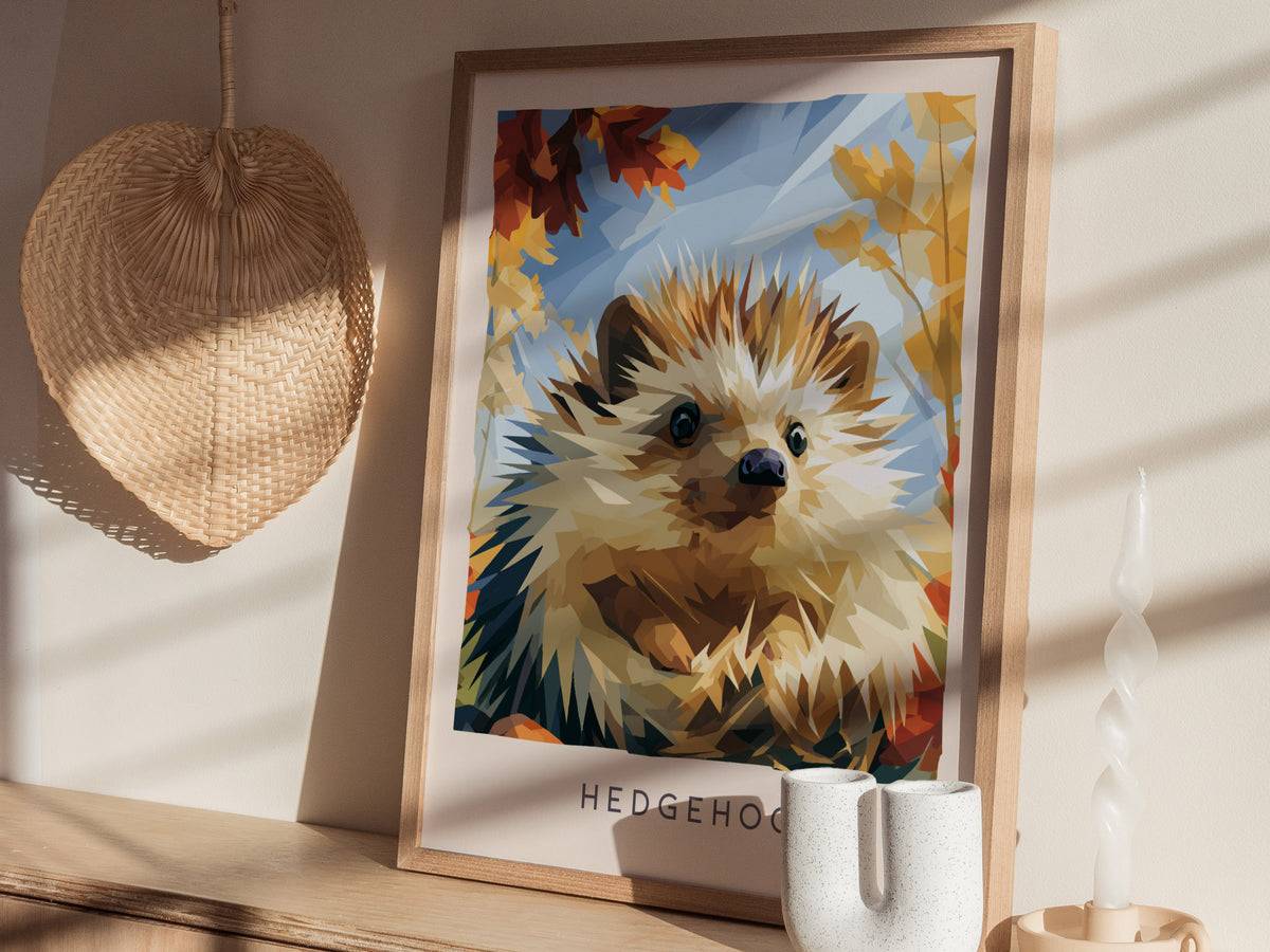Hedgehog, Erinaceus europaeus Poster | Woodland Wildlife Wall Art — styled in a modern interior