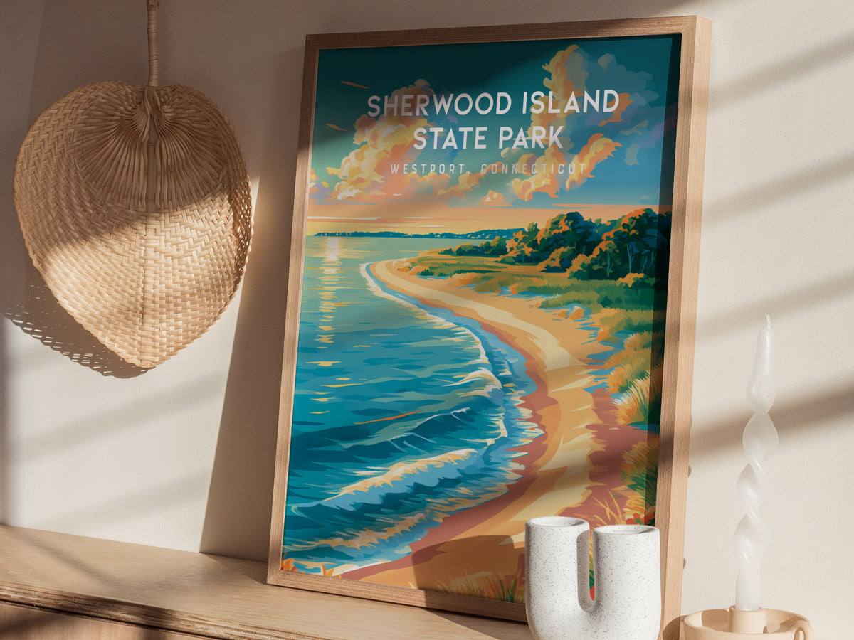 Sherwood Island State Park, Westport, Connecticut Poster | Seaside Travel Gift Wall Art — styled in a modern interior