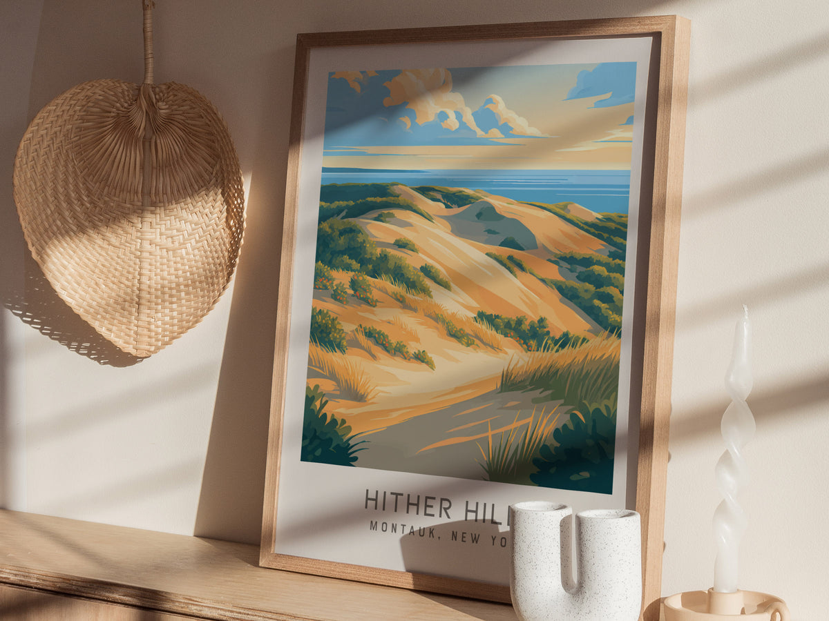 Hither Hills Matte Border Poster | Montauk, New York Travel Wall Art — styled in a modern interior