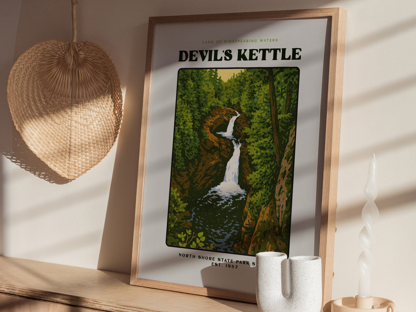 Devils Kettle Block Print | Minnesota Vintage Travel Poster Wall Art | Framed or Unframed
