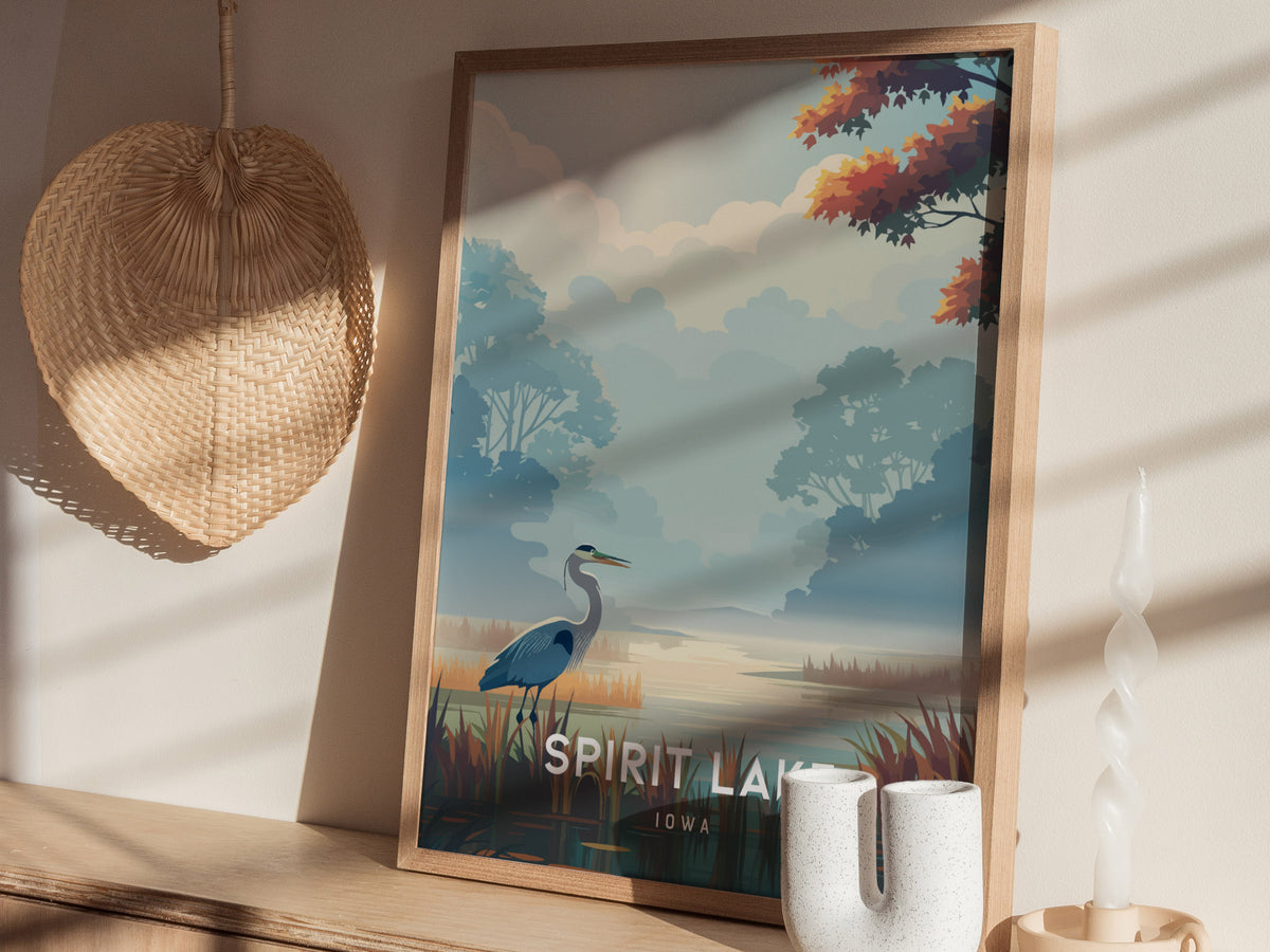 Spirit Lake, Iowa Poster | Lakeside Serenity Destination Print Wall Art — styled in a modern interior