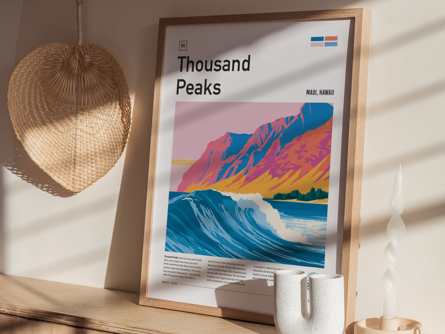 Thousand Peaks, Hawaii Poster | Tropical Surf Break Paradise Wall Art — styled in a modern interior