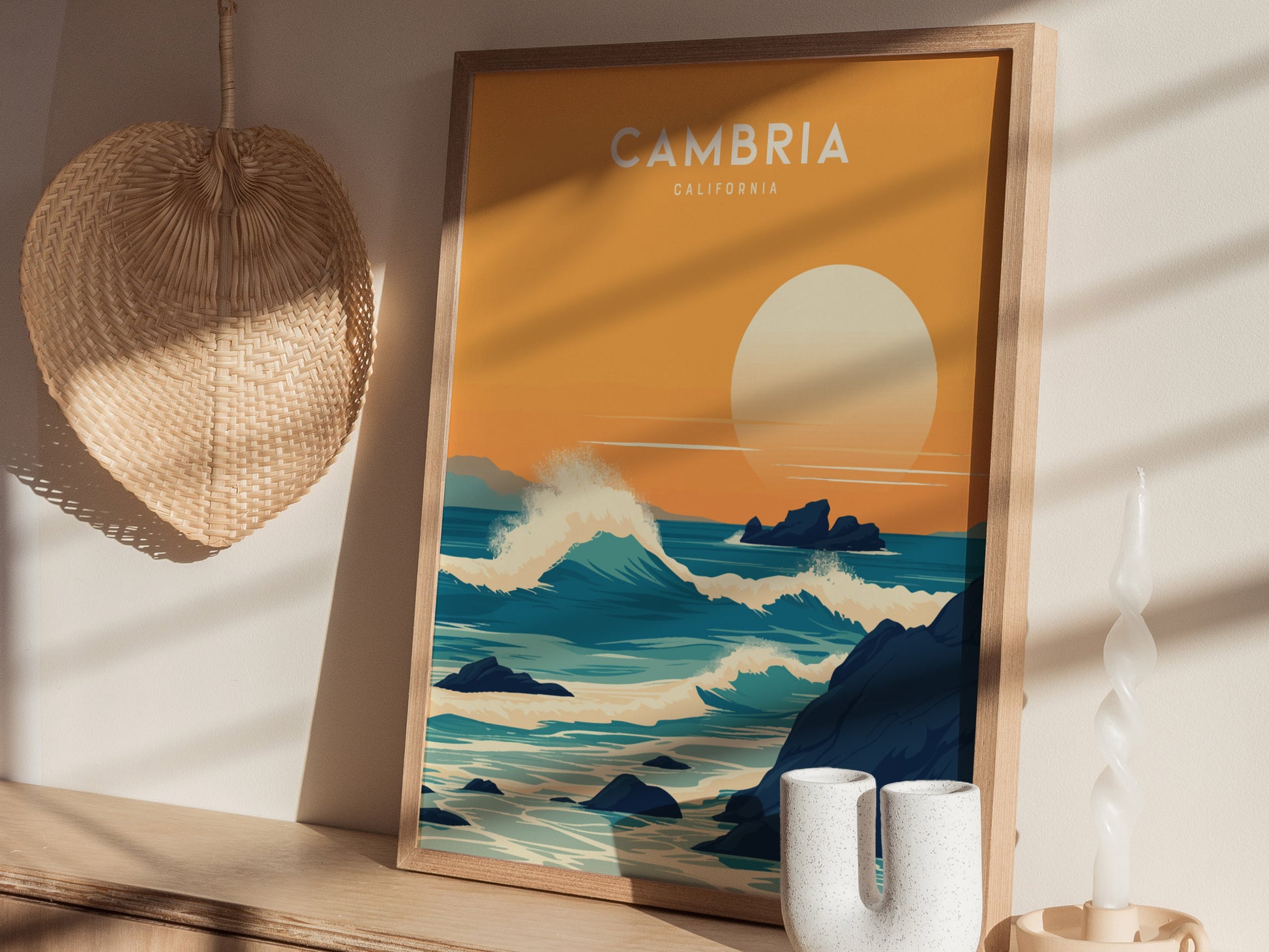 Cambria California Poster | Coastal Sunset Travel Print Wall Art | Framed or Unframed
