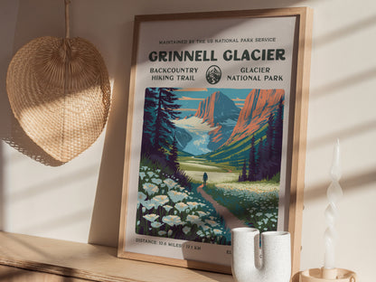 Grinnell Glacier, Glacier National Park Poster | Hiker Gift | Backcountry Trail Wall Art — styled in a modern interior