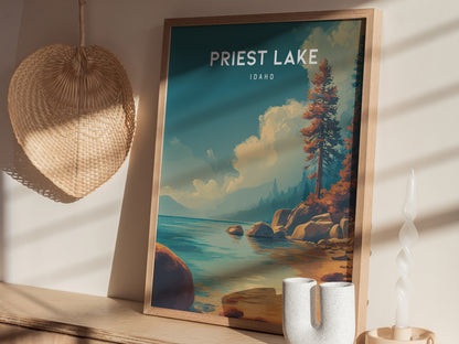 Priest Lake, Idaho Poster | Mountain Lake Retreat Framed or Unframed Wall Art — styled in a modern interior