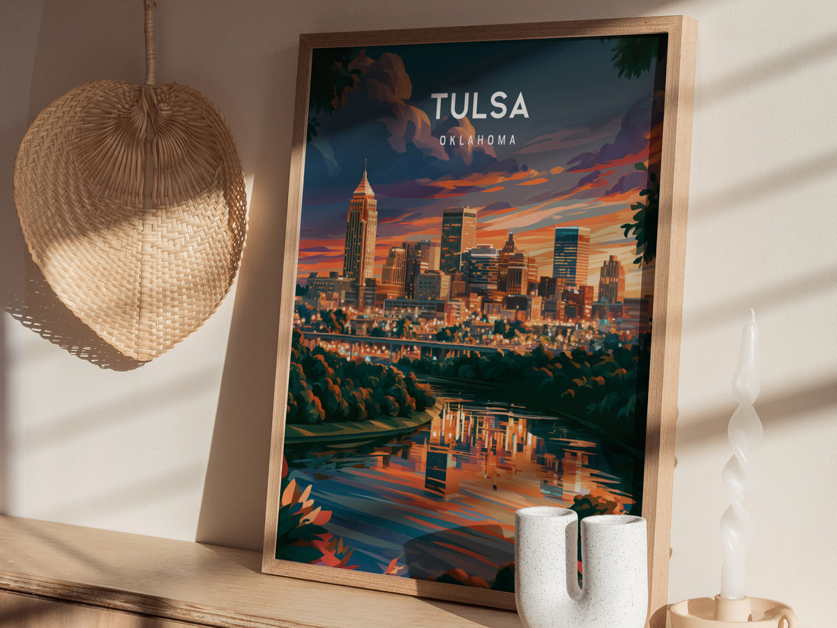 Tulsa, Oklahoma Poster | Route 66 Art Deco Skyline Wall Art — styled in a modern interior