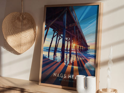 Nags Head Outer Banks Poster | Surfer Pier Wall Art Print