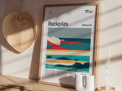 Rockpiles, Hawaii Poster | Golden Hour North Shore Surf Wall Art — styled in a modern interior