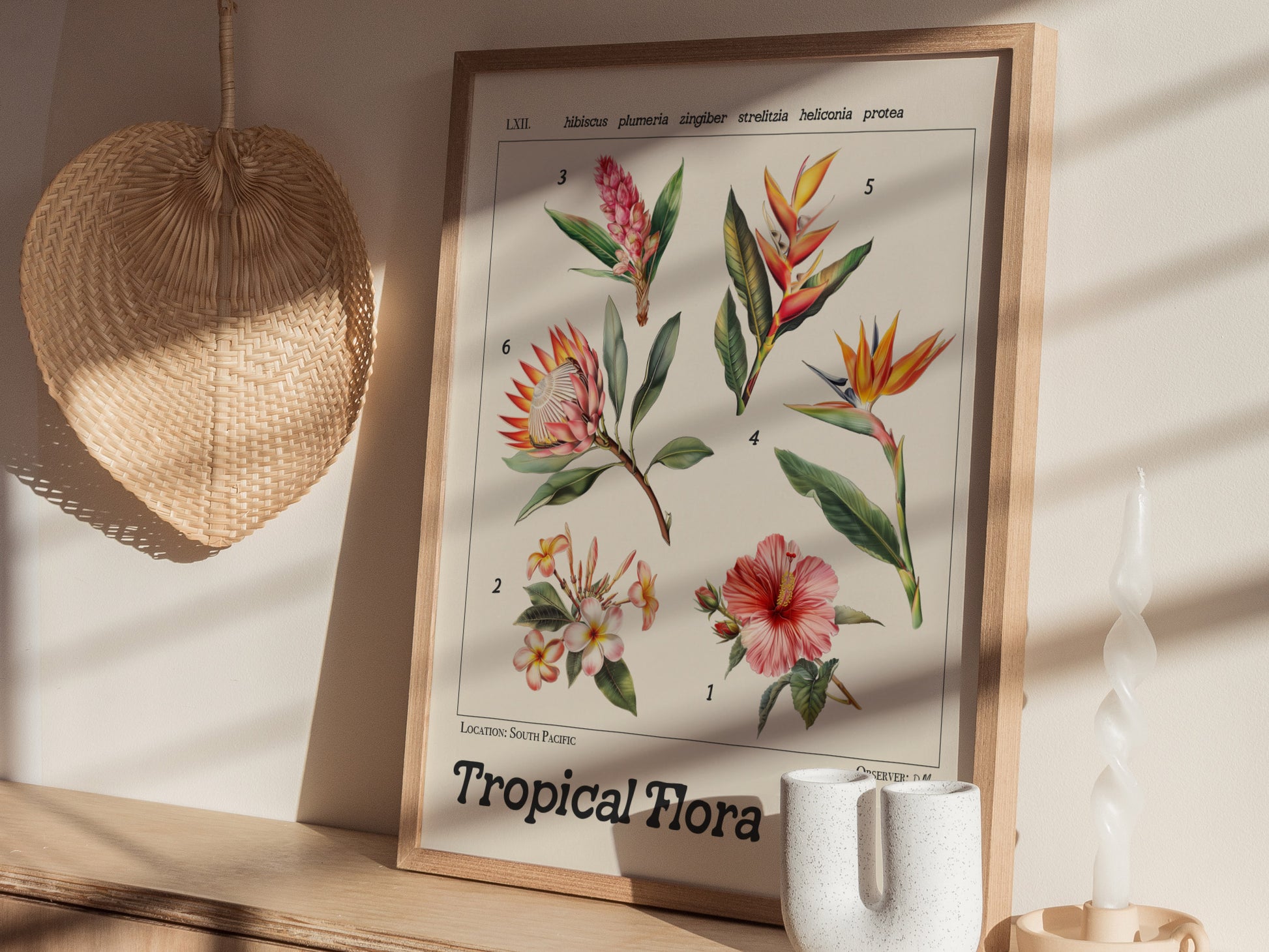 A framed botanical illustration poster featuring tropical flowers like Hibiscus and Bird of Paradise is displayed on a shelf with a woven fan and a twisted candle nearby.