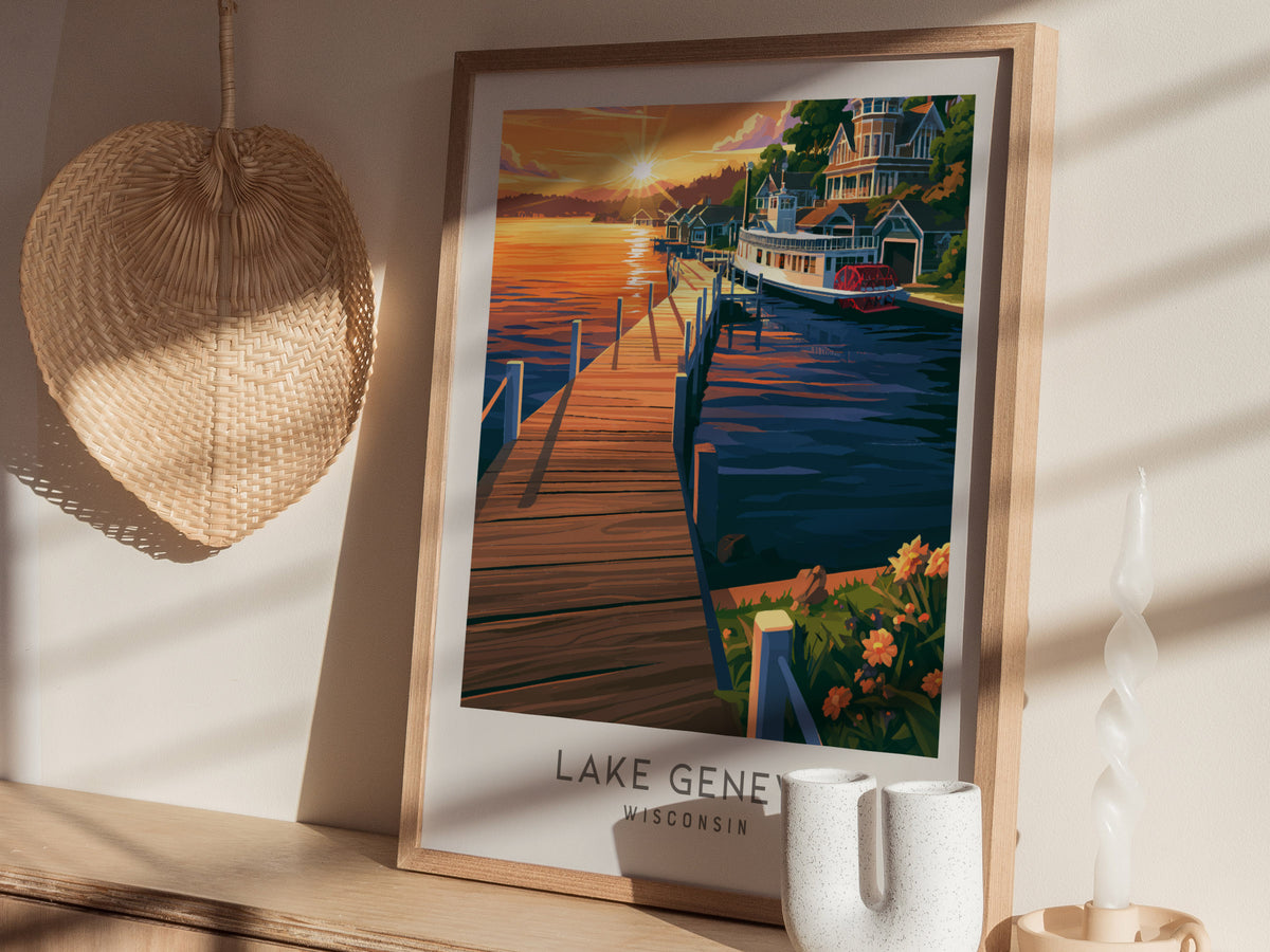 Lake Geneva Matte Border Poster | Wisconsin Travel Wall Art — styled in a modern interior