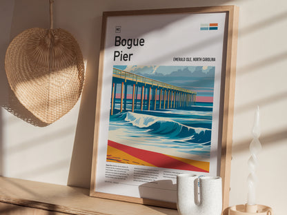Bogue Pier, Emerald Isle, North Carolina Poster | Surf Wall Art & Beach House Decor — styled in a modern interior