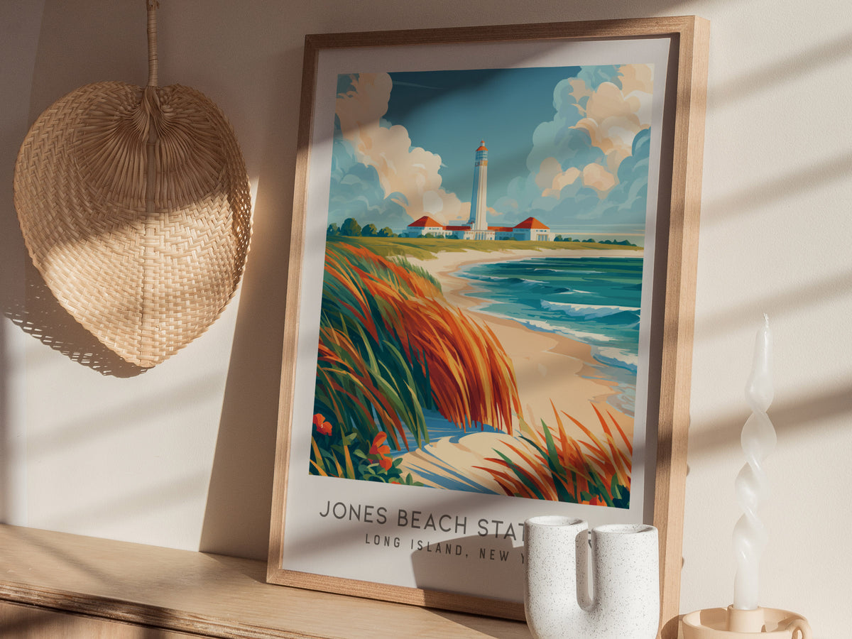 Jones Beach State Park Matte Border Poster | Long Island, New York Coastal Beach Decor — styled in a modern interior