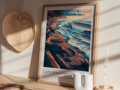 Cape Henlopen State Park Matte Border Poster | Lewes, Delaware Travel Wall Art — styled in a modern interior
