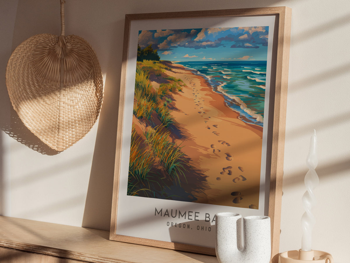 Maumee Bay Matte Border Poster | Oregon, Ohio Coastal Beach Decor Travel Wall Art — styled in a modern interior