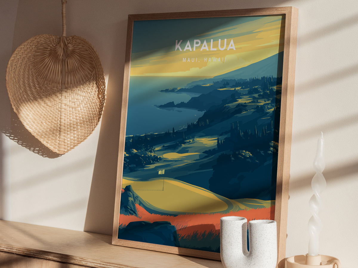Kapalua Plantation Course, Maui, Hawaii Poster | Tropical Links Golfer Gift Wall Art — styled in a modern interior