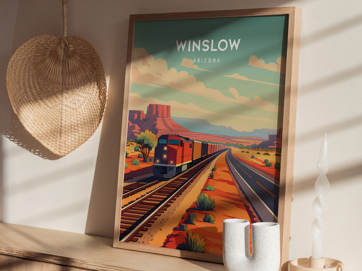 Winslow, Arizona Poster | Route 66 Desert Destination Print Wall Art — styled in a modern interior