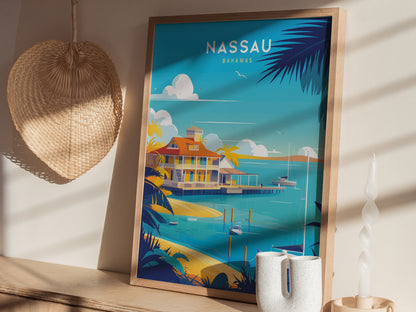 A framed Nassau Bahamas poster featuring a colorful coastal scene with a house, palm trees, and turquoise water is placed on a shelf beside a woven wall decoration and a.