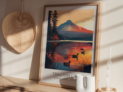 Trillium Lake Matte Border Poster | Mount Hood, Oregon Travel Wall Art — styled in a modern interior