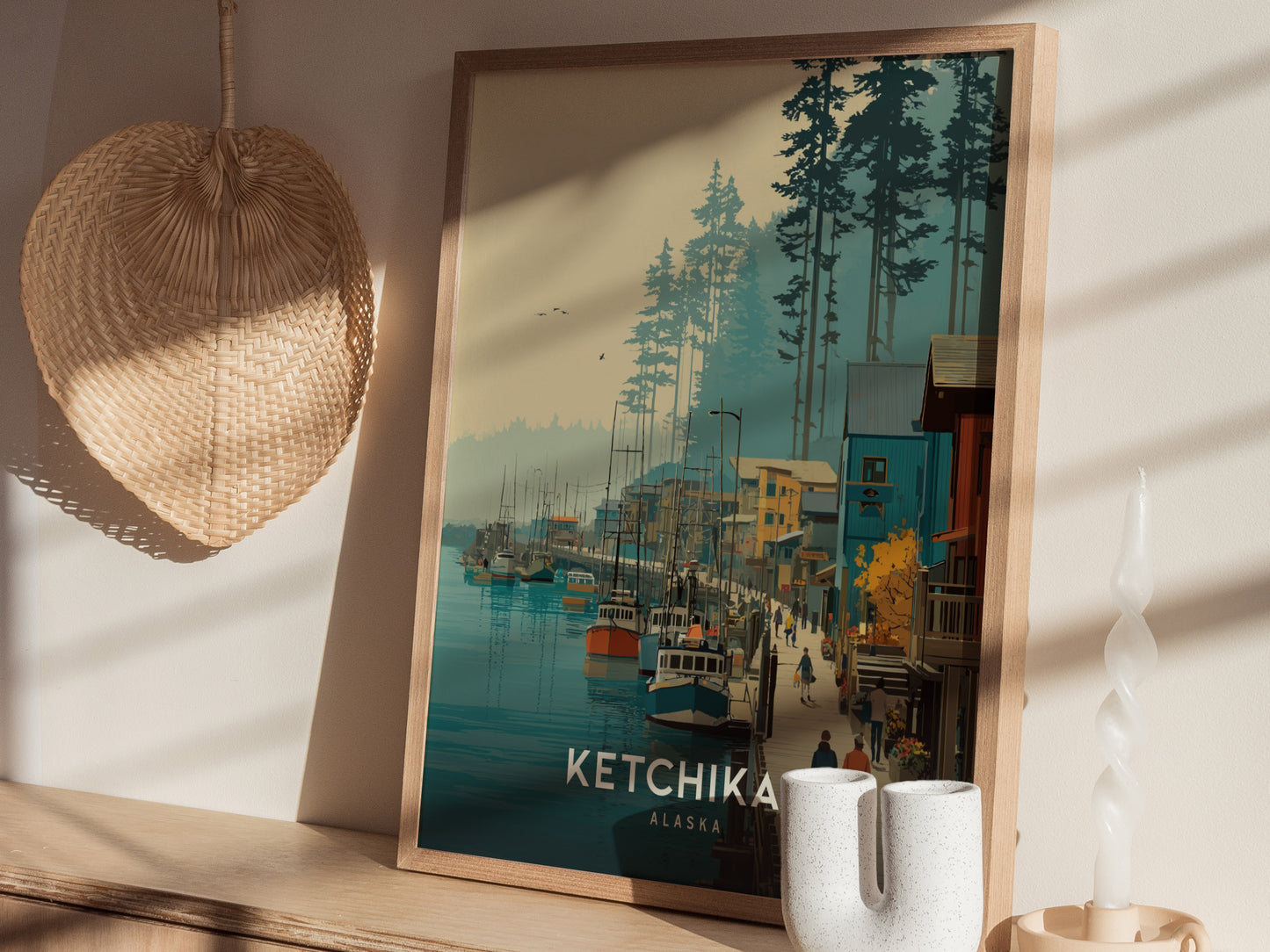 A framed vintage travel print of Ketchikan, Alaska, displays a scenic waterfront bustling with boats and people. Tall trees and a pastel sky create a serene backdrop, enhancing the charm of this picturesque coastal town.