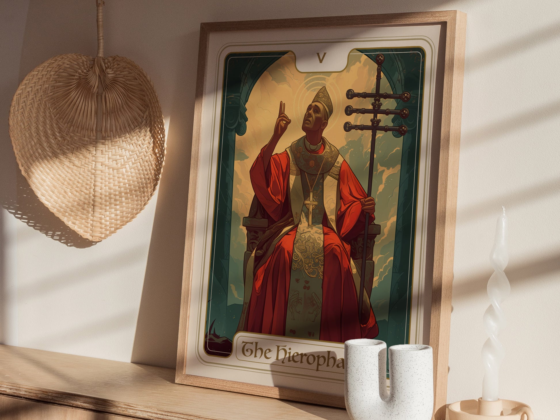 A framed Hierophant Tarot card poster sits on a wooden shelf, depicting a spiritual figure in red robes. Nearby, a woven fan and a twisted candle add decorative elements.
