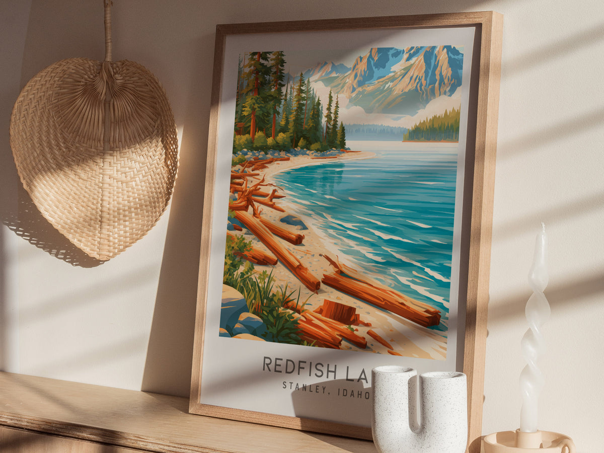Redfish Lake Matte Border Poster | Stanley, Idaho Travel Wall Art — styled in a modern interior