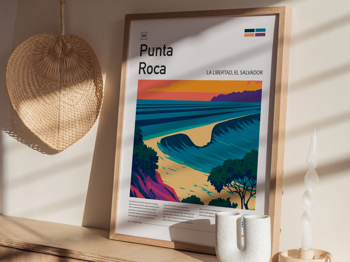Punta Roca, La Libertad, El Salvador Poster | Surf Wall Art & Wave Print — styled in a modern interior