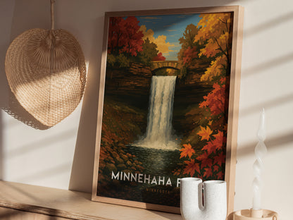 A framed Minnehaha Falls poster sits on a wooden shelf, featuring a waterfall with autumn foliage. Nearby, a woven fan, a twisted candle, and a white vase are visible.