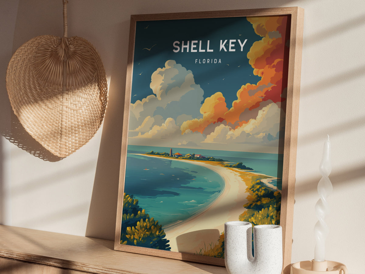 Shell Key, Florida Poster | Secluded Island & Shorebirds Wall Art — styled in a modern interior