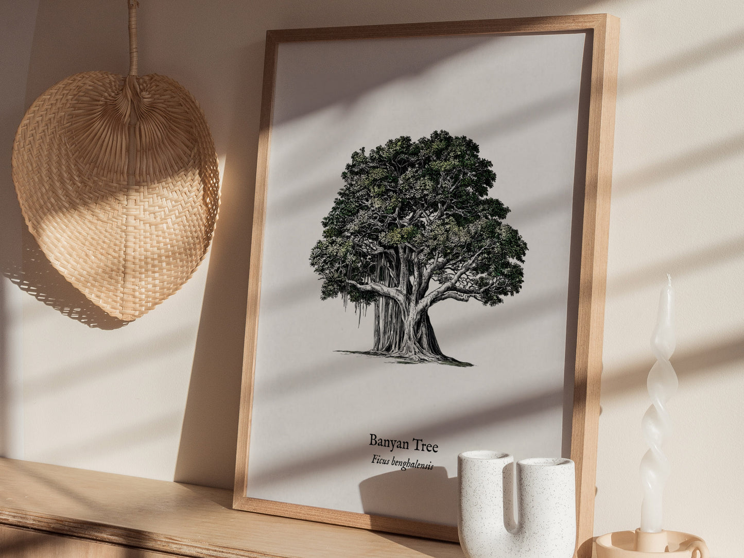 Banyan Tree Poster | Vintage Ficus benghalensis Botanical Illustration Wall Art — styled in a modern interior