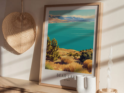 Bear Lake Matte Border Poster | Utah Travel Wall Art Coastal Beach Decor — styled in a modern interior