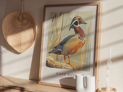 A framed artwork of a wood duck stands on a light-colored surface, surrounded by natural decor. The illustration features the vibrant bird perched on a log with tall grasses in the background, showcasing warm colors and a contemporary.