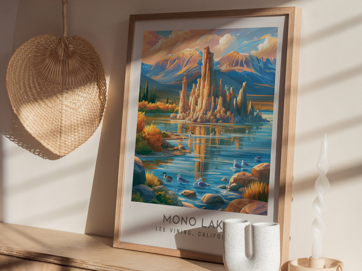 Mono Lake Matte Border Poster | Lee Vining, California Travel Wall Art — styled in a modern interior