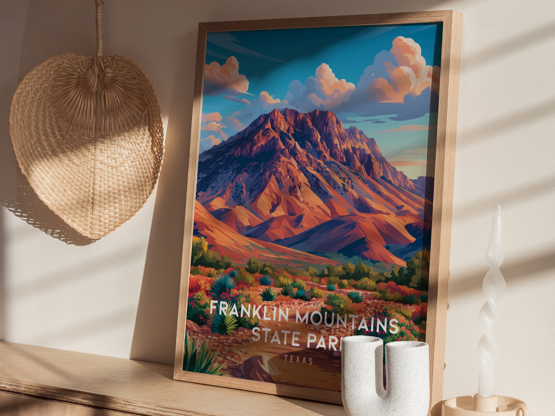 Franklin Mountains State Park, Texas Poster | Desert Peaks & Desert Sky Wall Art — styled in a modern interior