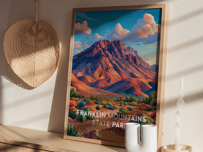 Franklin Mountains State Park, Texas Poster | Desert Peaks & Desert Sky Wall Art — styled in a modern interior