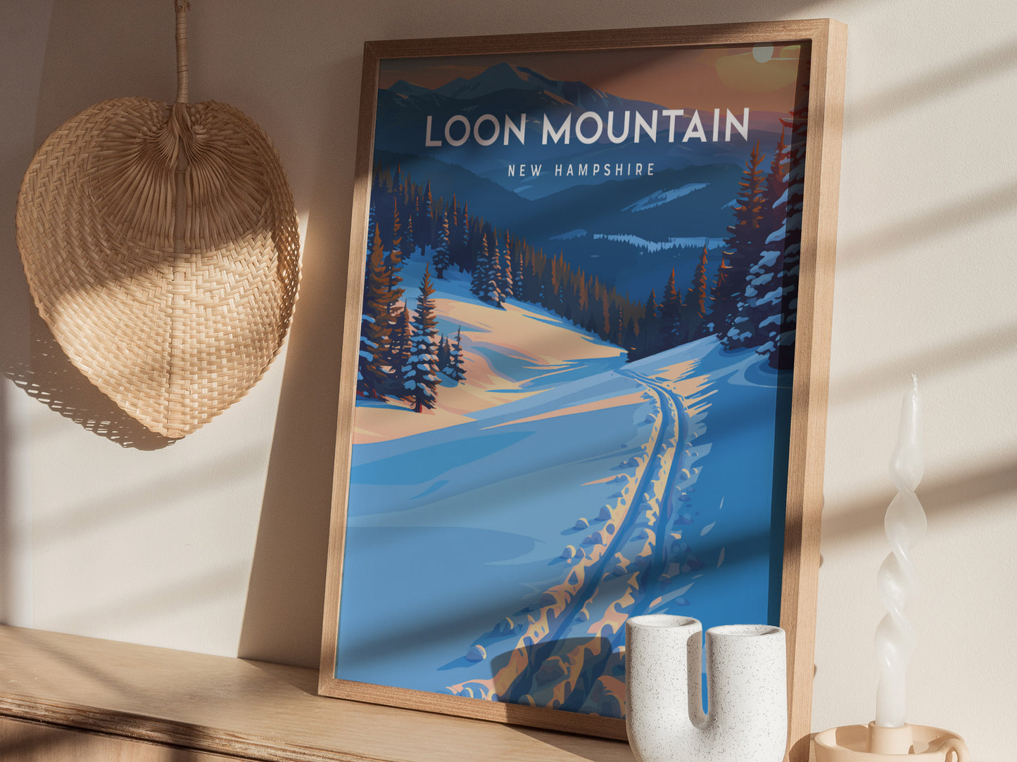 Loon Mountain, New Hampshire Poster | Alpine Ski Lodge Destination Print Wall Art — styled in a modern interior