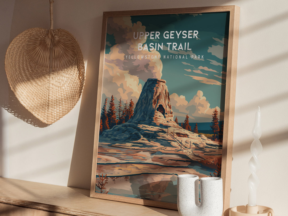 Upper Geyser Basin Trail, Yellowstone National Park Poster | Geothermal Wonders Travel Wall Art — styled in a modern interior