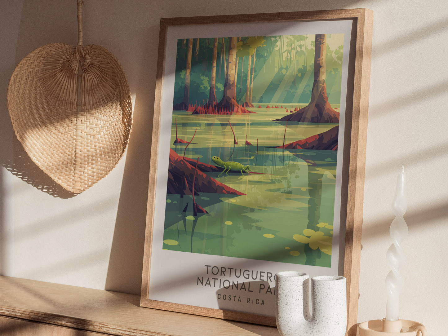 Tortuguero National Park Matte Border Poster | Costa Rica Travel Wall Art — styled in a modern interior
