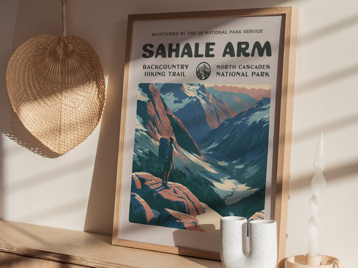 Sahale Arm, North Cascades National Park Poster | Hiker Gift | Backcountry Trail Wall Art — styled in a modern interior