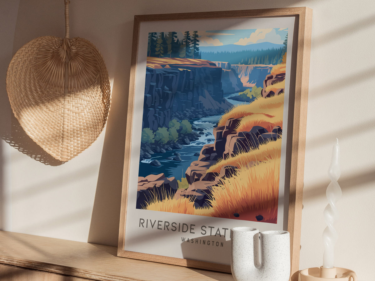Riverside State Park Matte Border Poster | Washington Travel Wall Art — styled in a modern interior