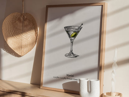 Martini Poster | Vintage Cocktail Scientific Illustration Wall Art — styled in a modern interior