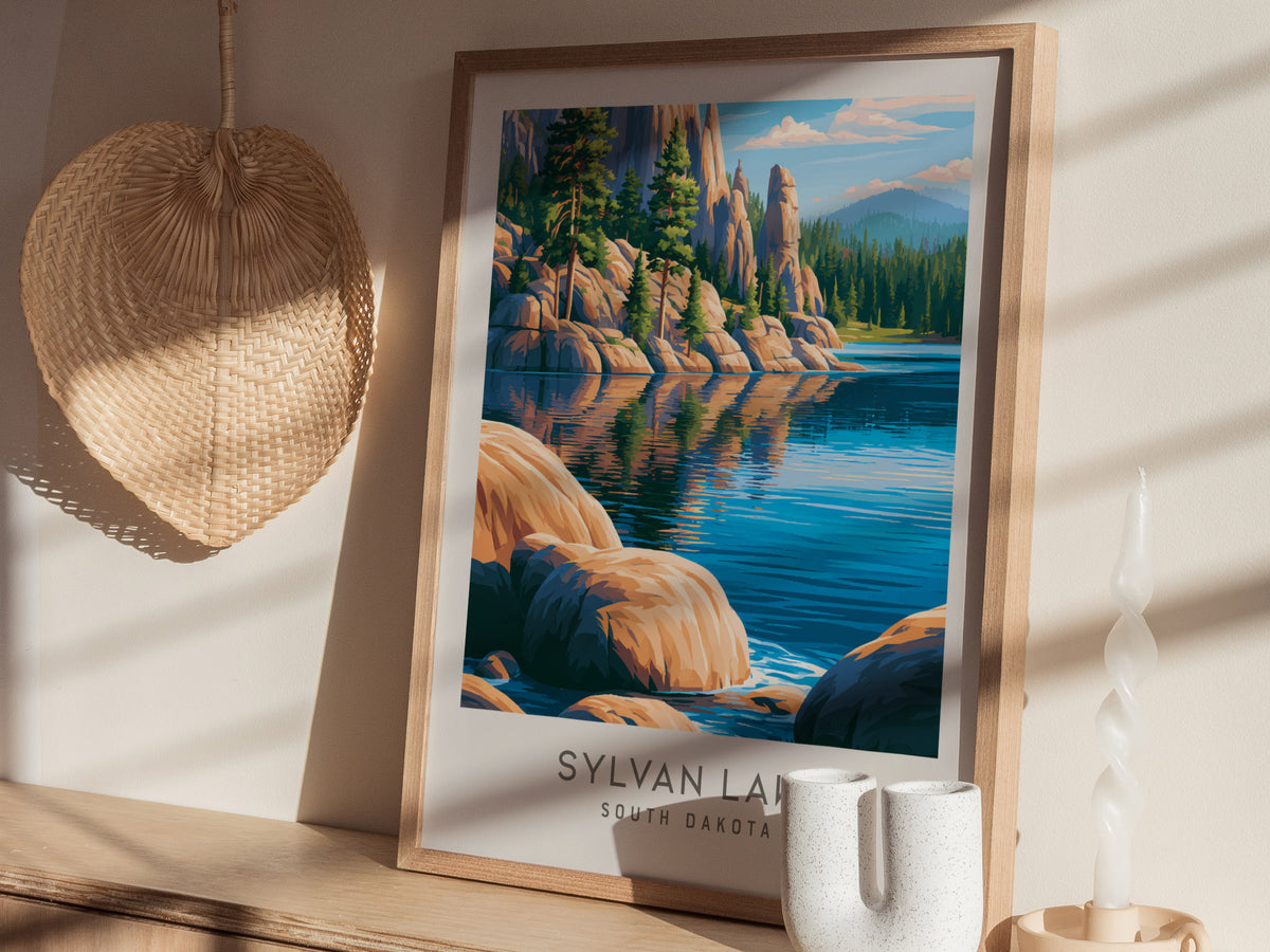 Sylvan Lake Matte Border Poster | South Dakota Destination Print Travel Wall Art — styled in a modern interior