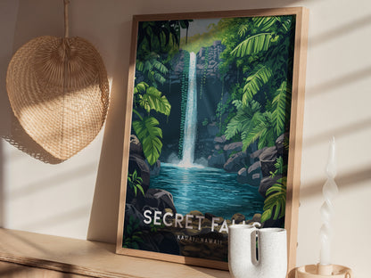 Secret Falls Poster | Kauai Hawaii Uluwehi Waterfall Art | Island Gift