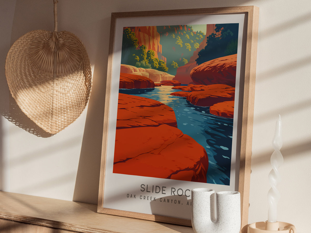 Slide Rock Matte Border Poster | Oak Creek Canyon, Arizona Travel Wall Art — styled in a modern interior