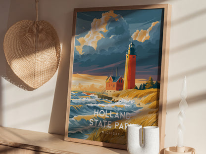 Holland State Park, Michigan Poster | Big Red Lighthouse Coastal Beach Decor Wall Art — styled in a modern interior