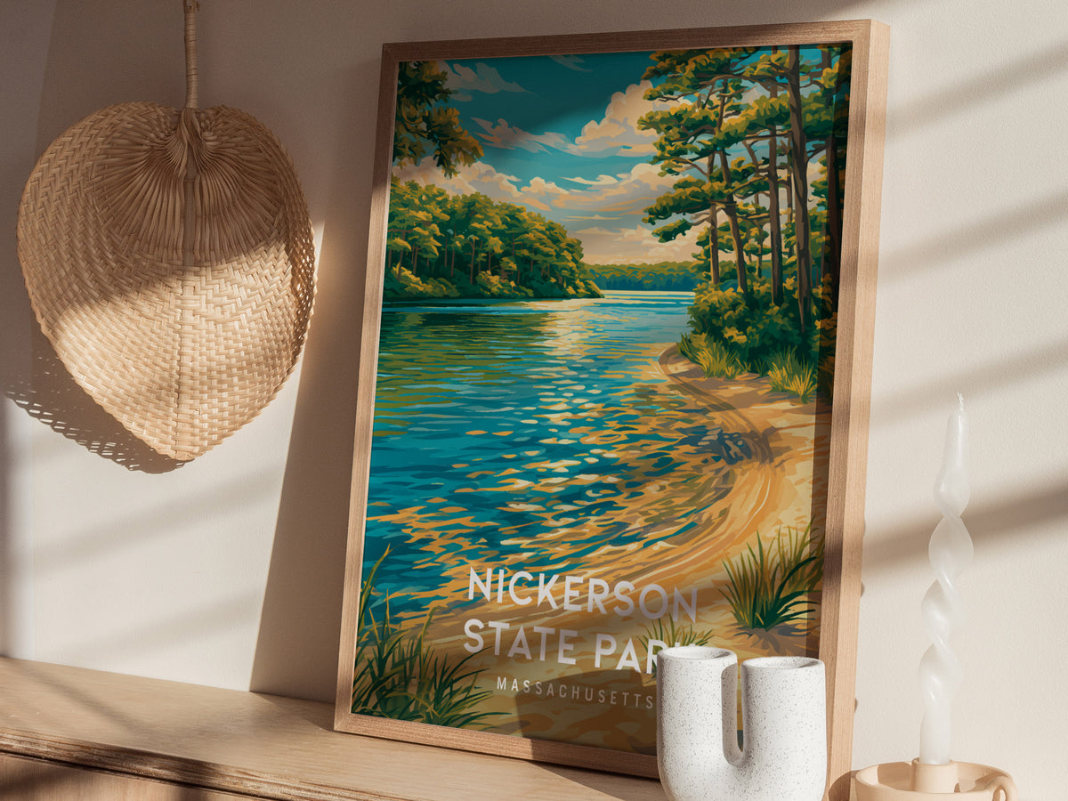 Nickerson State Park, Massachusetts Poster | Cape Cod Forest & Lake Wall Art — styled in a modern interior