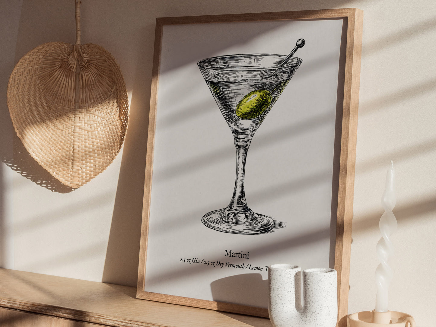 Martini Poster | Vintage Cocktail Scientific Illustration Wall Art — styled in a modern interior