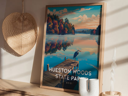 Hueston Woods State Park, Ohio Poster | Forest Lake Wilderness Retreat Wall Art — styled in a modern interior